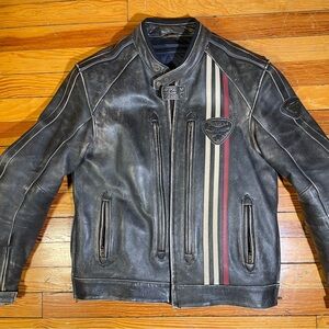 Triumph Raven Leather Motorcycle Jacket with Red & Cream Racing Stripes